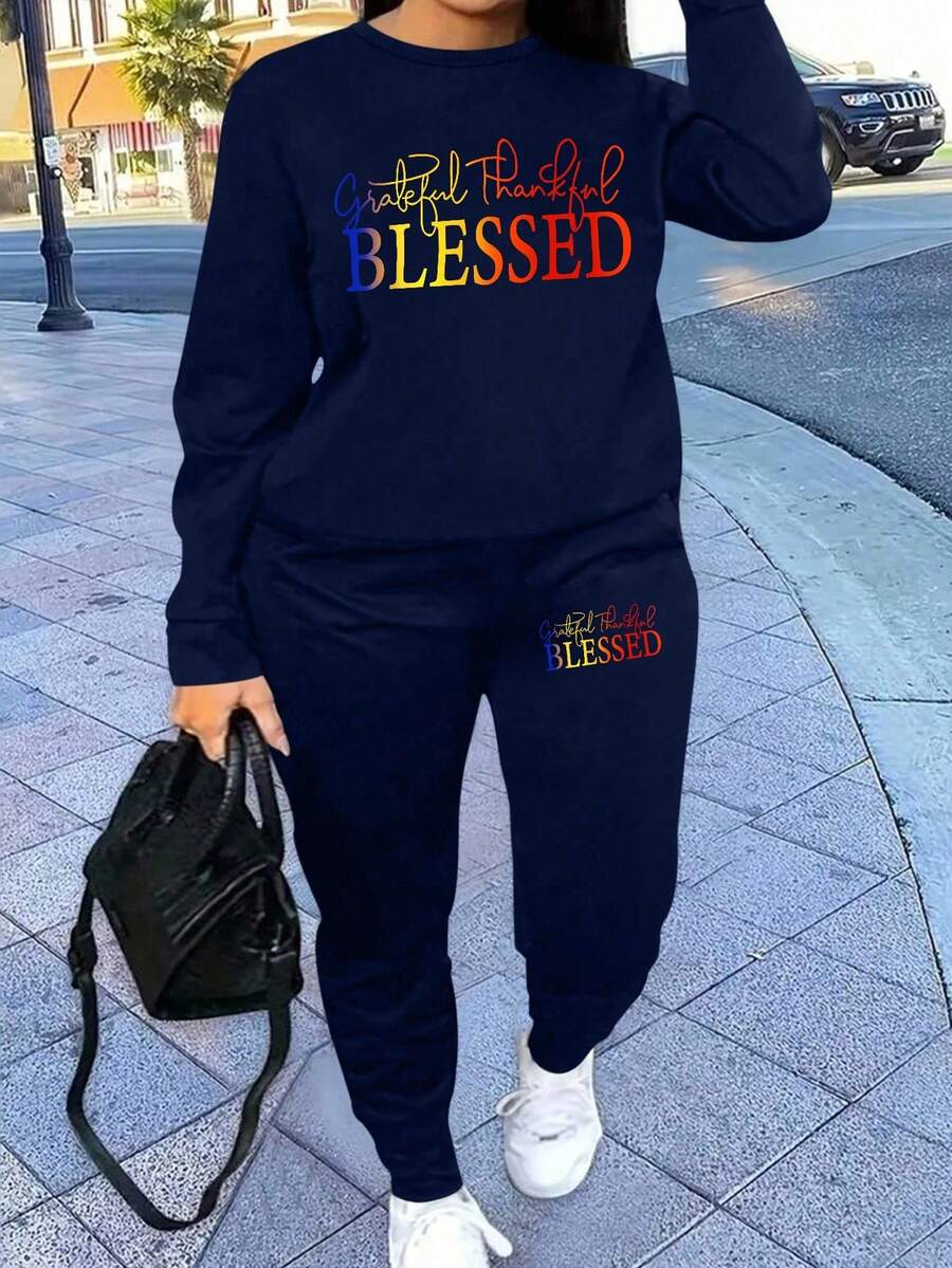 DrmWander Plus Size Letter Print Sweatshirt & Sweatpants Set