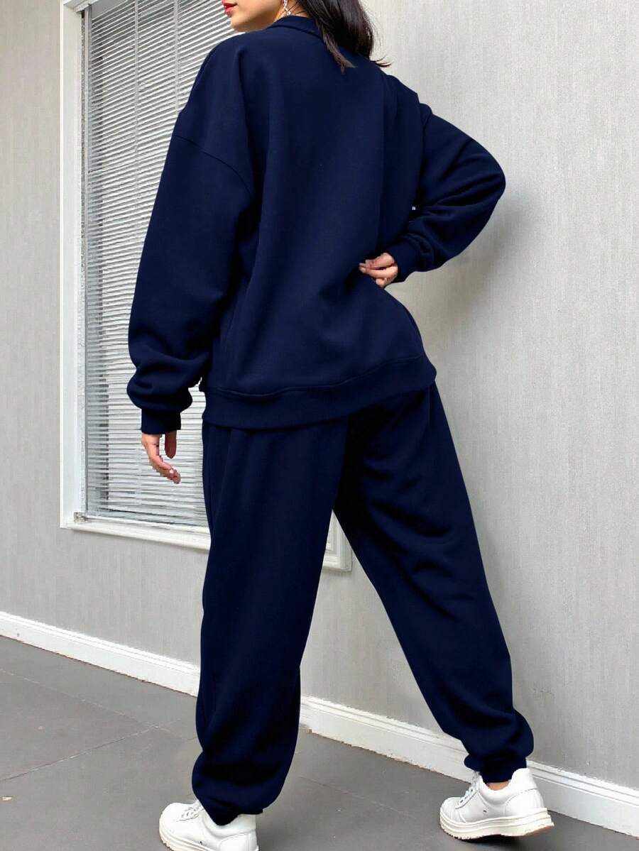 DrmWander Plus Size Letter Print Sweatshirt & Sweatpants Set