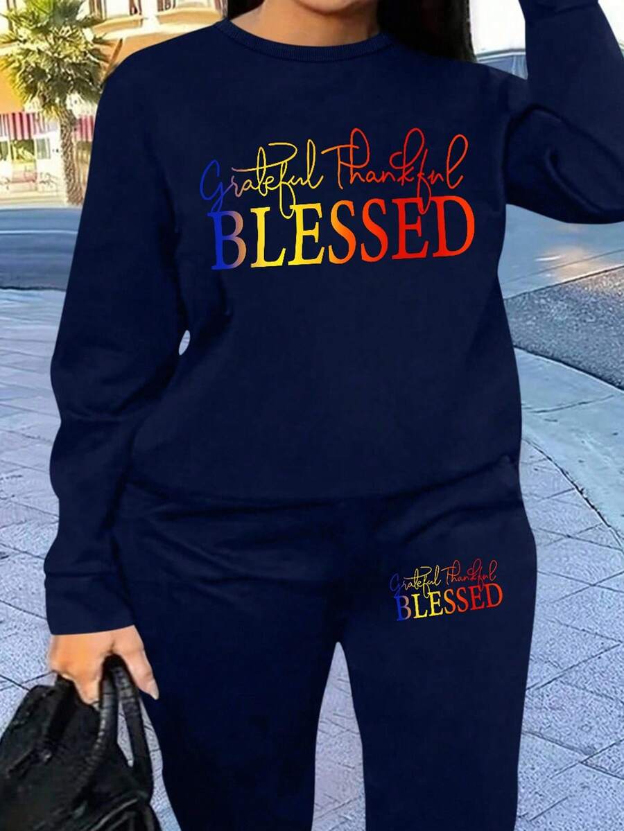 DrmWander Plus Size Letter Print Sweatshirt & Sweatpants Set