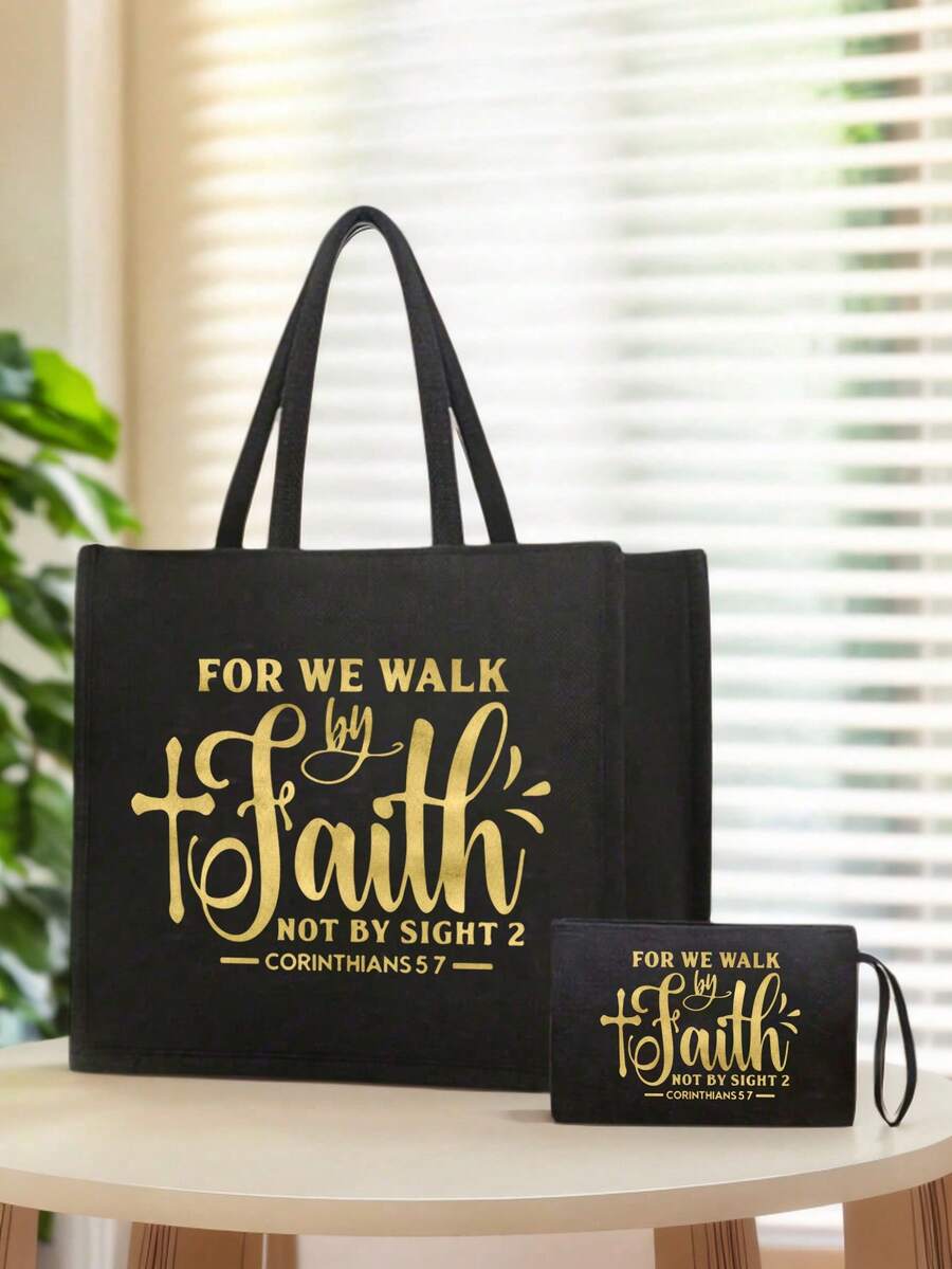Tote Bag Set with Motivational Golden Letter Print
