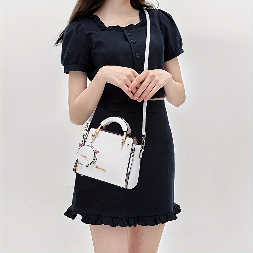 Top Handle Satchel Purses with Cute Kitten Pendant