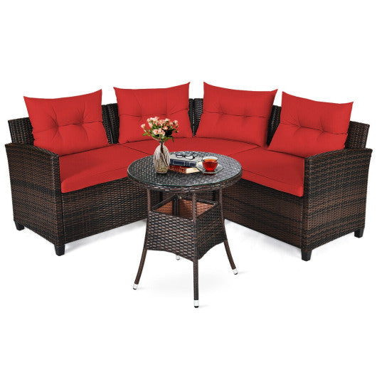 4-Piece Outdoor Cushioned Rattan Furniture Set – Red