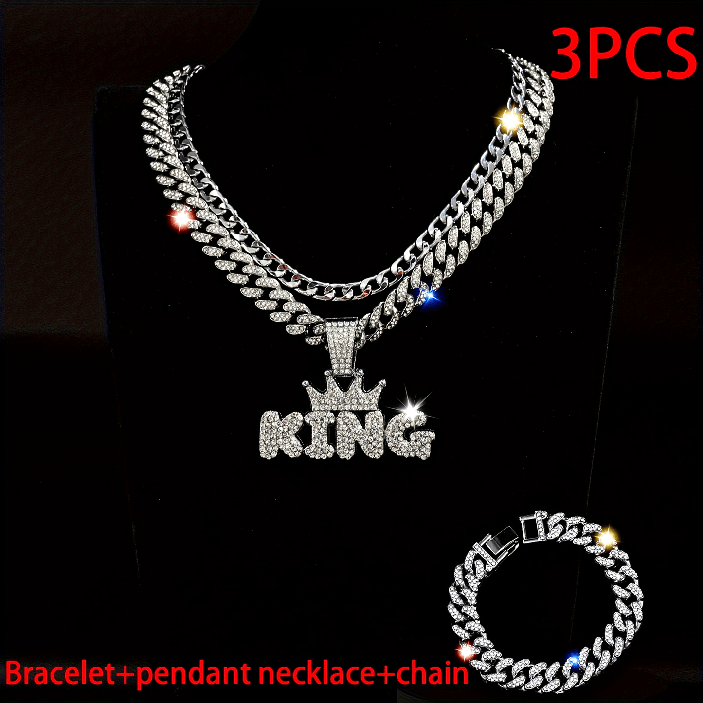 3pcs Miami Punk Hip-hop Crown Letter KING Pendant Cuban Chain Necklace Bracelet Inlaid, Unisex Neck Jewelry Gift