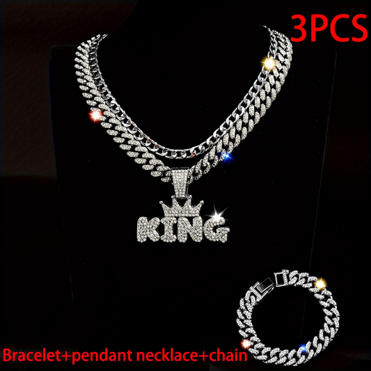 3pcs Miami Punk Hip-hop Crown Letter KING Pendant Cuban Chain Necklace Bracelet Inlaid, Unisex Neck Jewelry Gift