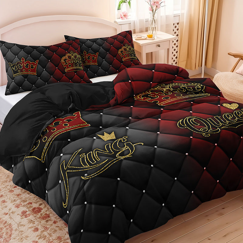 2/3pcs Luxury Dark Red & Gold Crown Duvet Cover Set – King & Queen Design