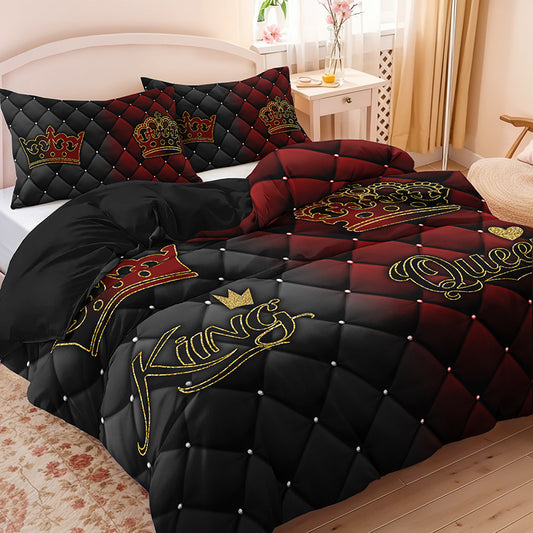 2/3pcs Luxury Dark Red & Gold Crown Duvet Cover Set – King & Queen Design