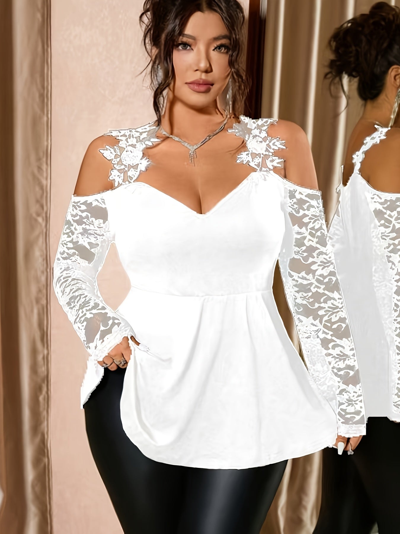 Plus Size Women’s Summer Lace Patchwork Top | Off-Shoulder Long Sleeve Slim-Fit Camisole T-Shirt