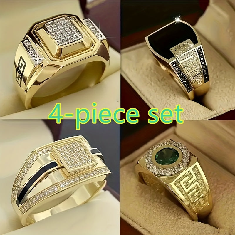 4pc Golden Plated Cuban Chain Ring Set – Classic Vintage Black Onyx Luxury Fashion for Men