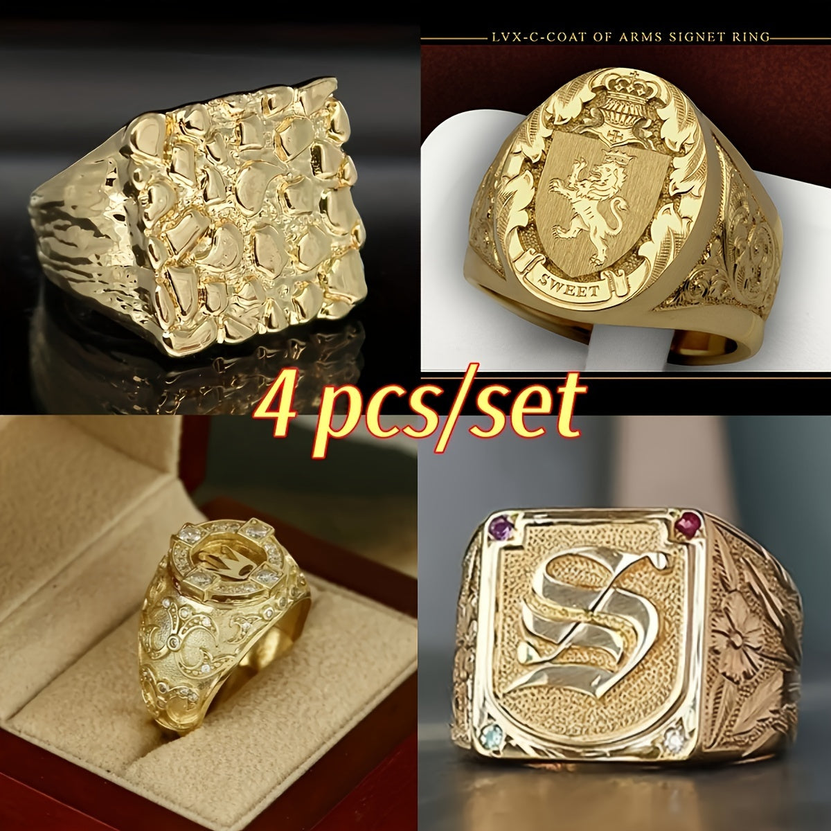 4-Piece Luxury Men’s Fashion Ring Set – Gold-Plated, Elegant & Statement-Making
