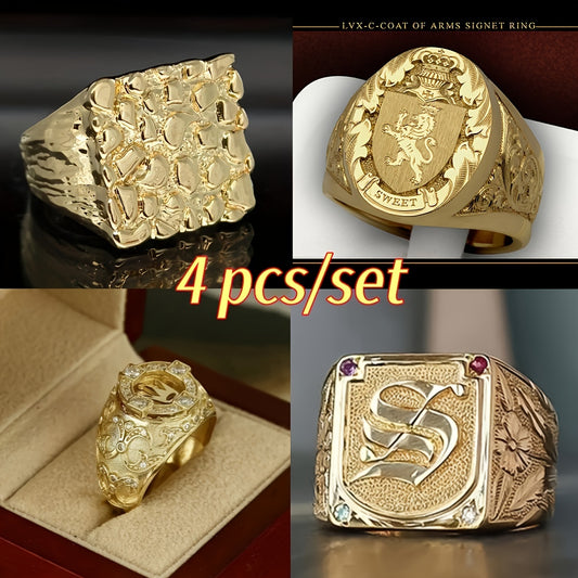 4-Piece Luxury Men’s Fashion Ring Set – Gold-Plated, Elegant & Statement-Making