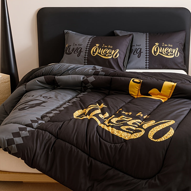 3pcs Super Soft Breathable Quilt Set – Black & Grey Color Blocking