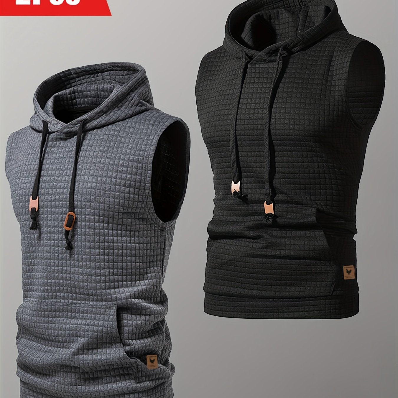 2pcs Casual Sleeveless Hooded Jacquard Tank Top