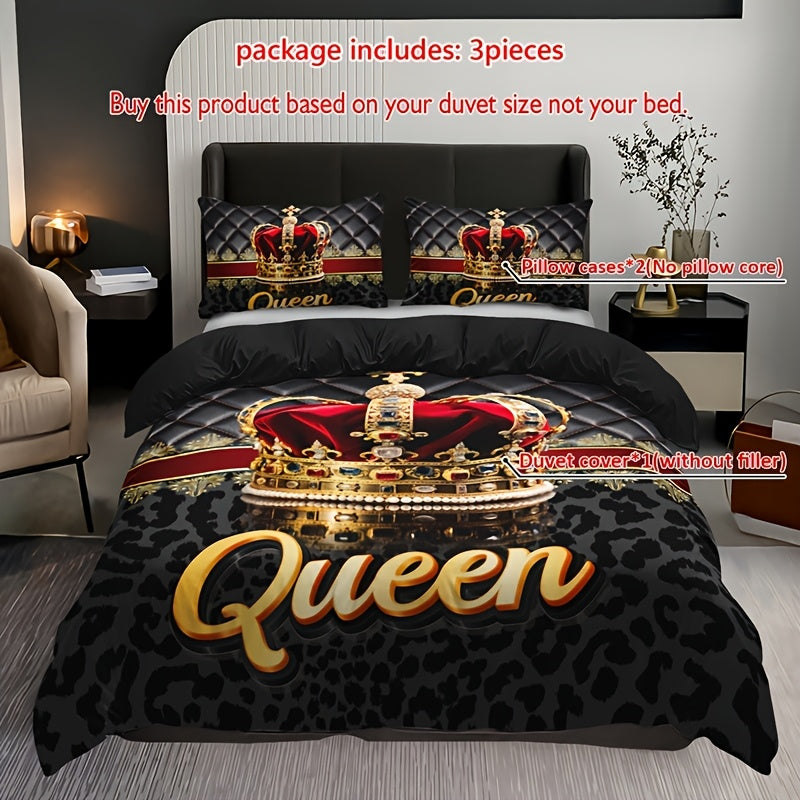 3pcs Crown Queen Leopard Print Quilt Cover Set