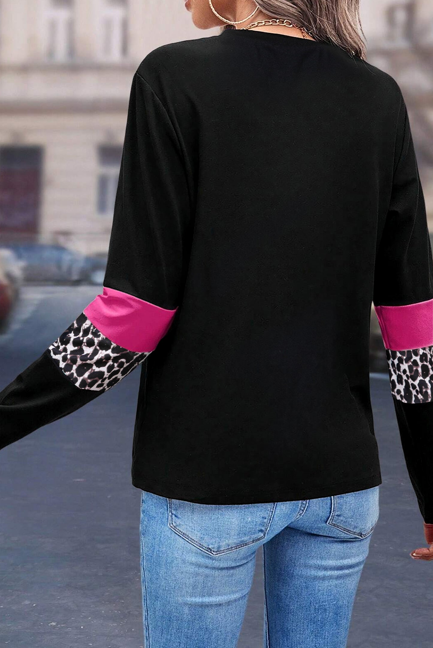 Rose Leopard Color block Patchwork Crew Neck Top