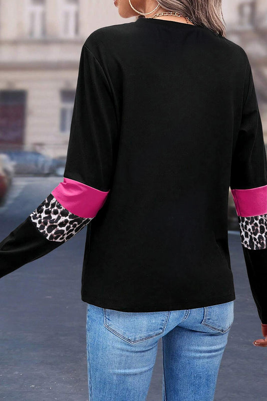 Rose Leopard Color block Patchwork Crew Neck Top