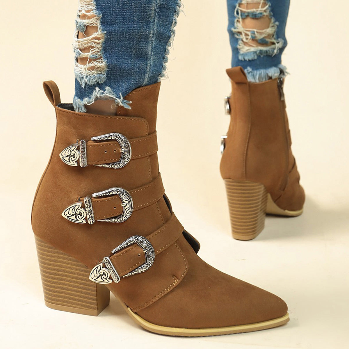 Chunky Heel Pointed Toe Boots with Belt Buckle