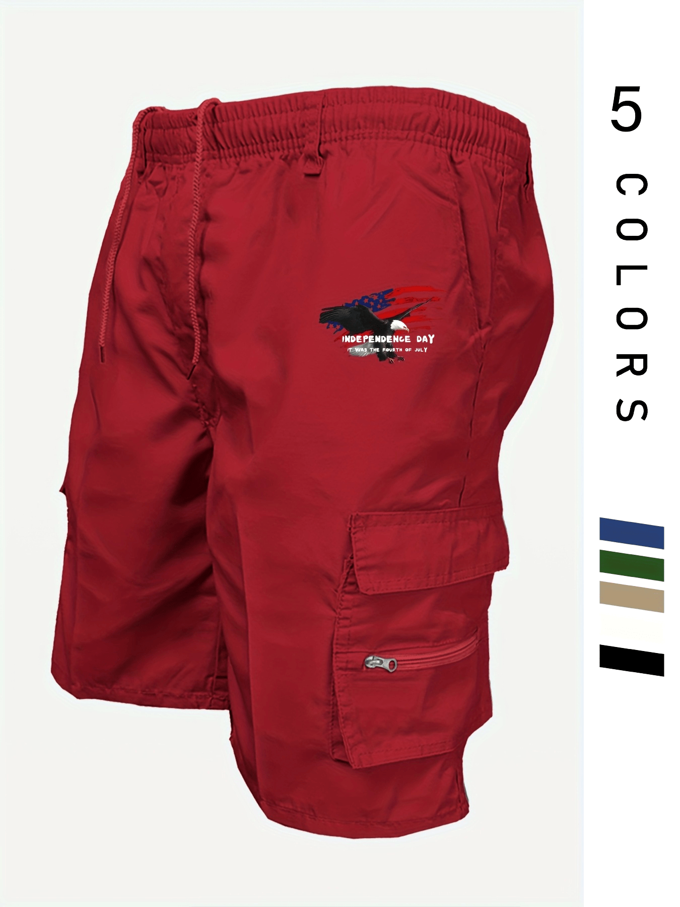 Eagle Print Loose Fit Elastic Cargo Shorts