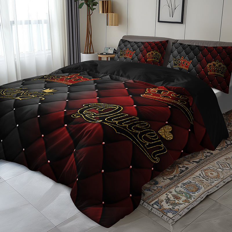 2/3pcs Luxury Dark Red & Gold Crown Duvet Cover Set – King & Queen Design