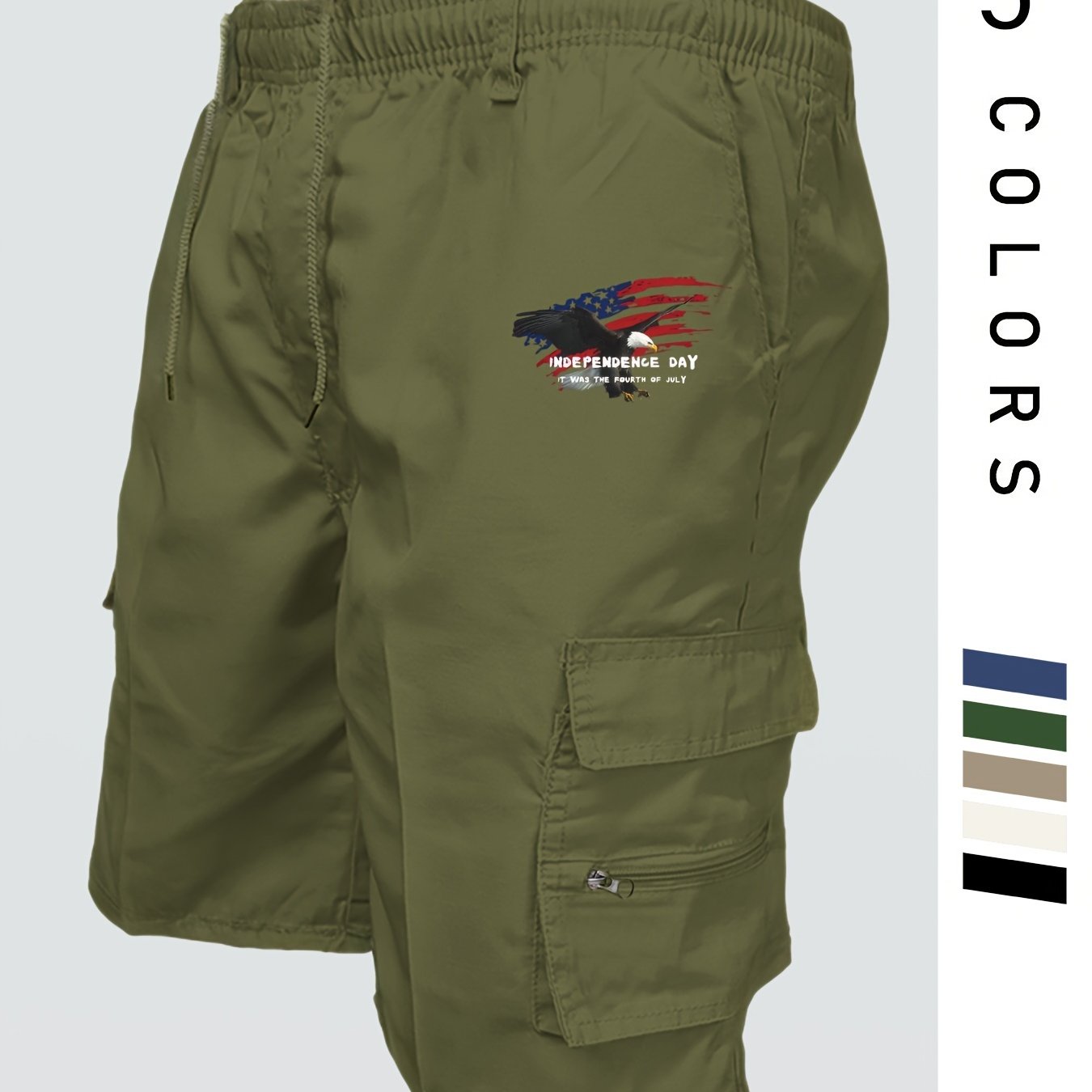 Eagle Print Loose Fit Elastic Cargo Shorts