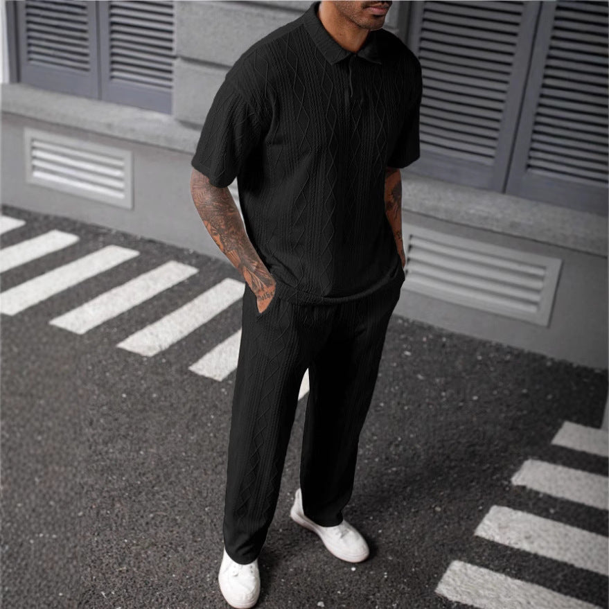 Men's Jacquard Texture Polo Shirt & Shorts Two-Piece Set