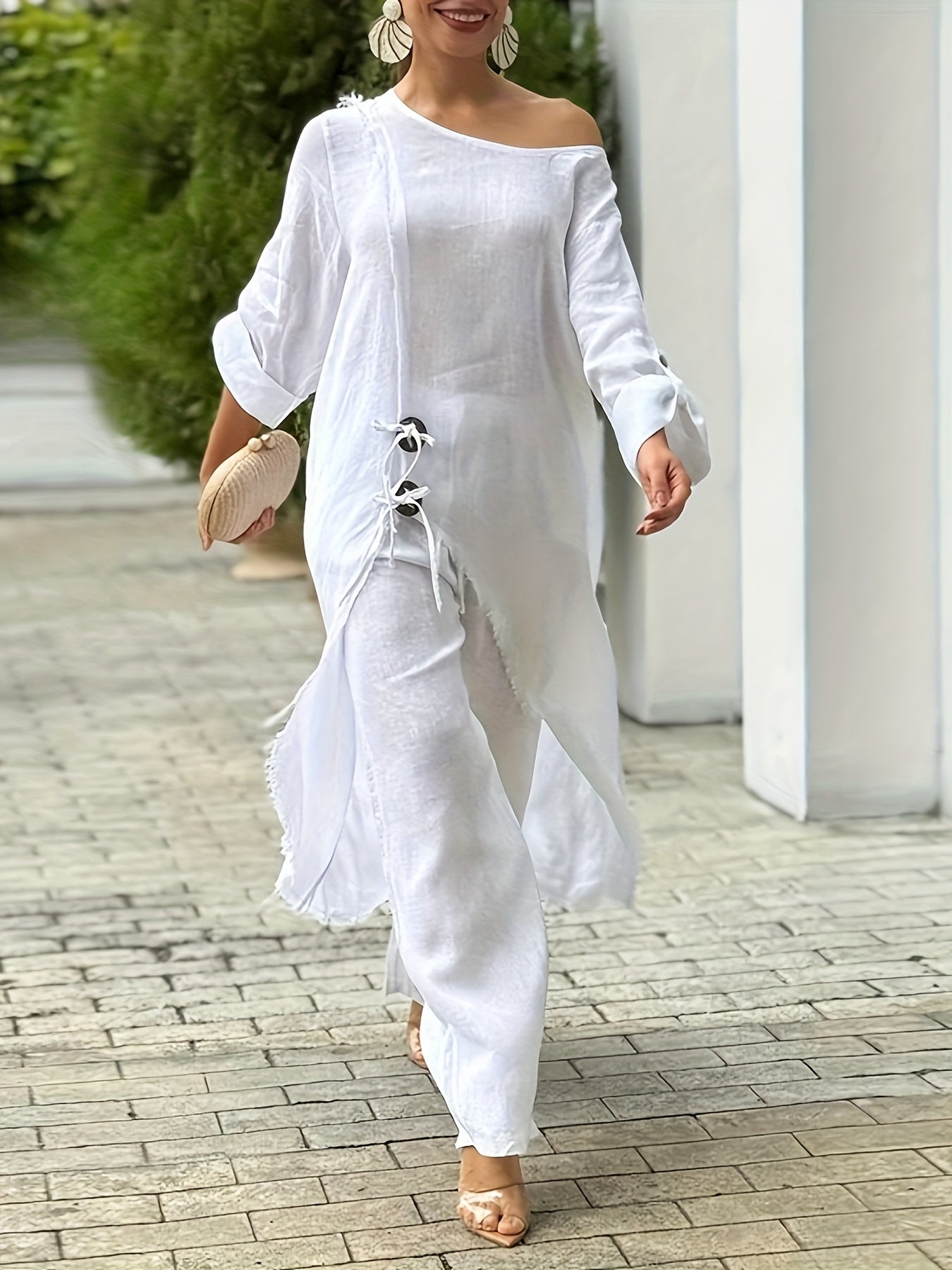 2pcs Strapless Long Sleeve Tie Slit Top And Casual Wide Leg Pants Set