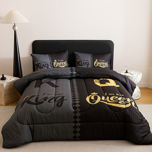3pcs Super Soft Breathable Quilt Set – Black & Grey Color Blocking