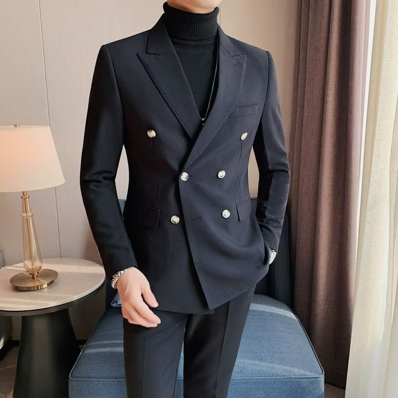 Men's Simple Solid Color Casual Double--breasted Jacket