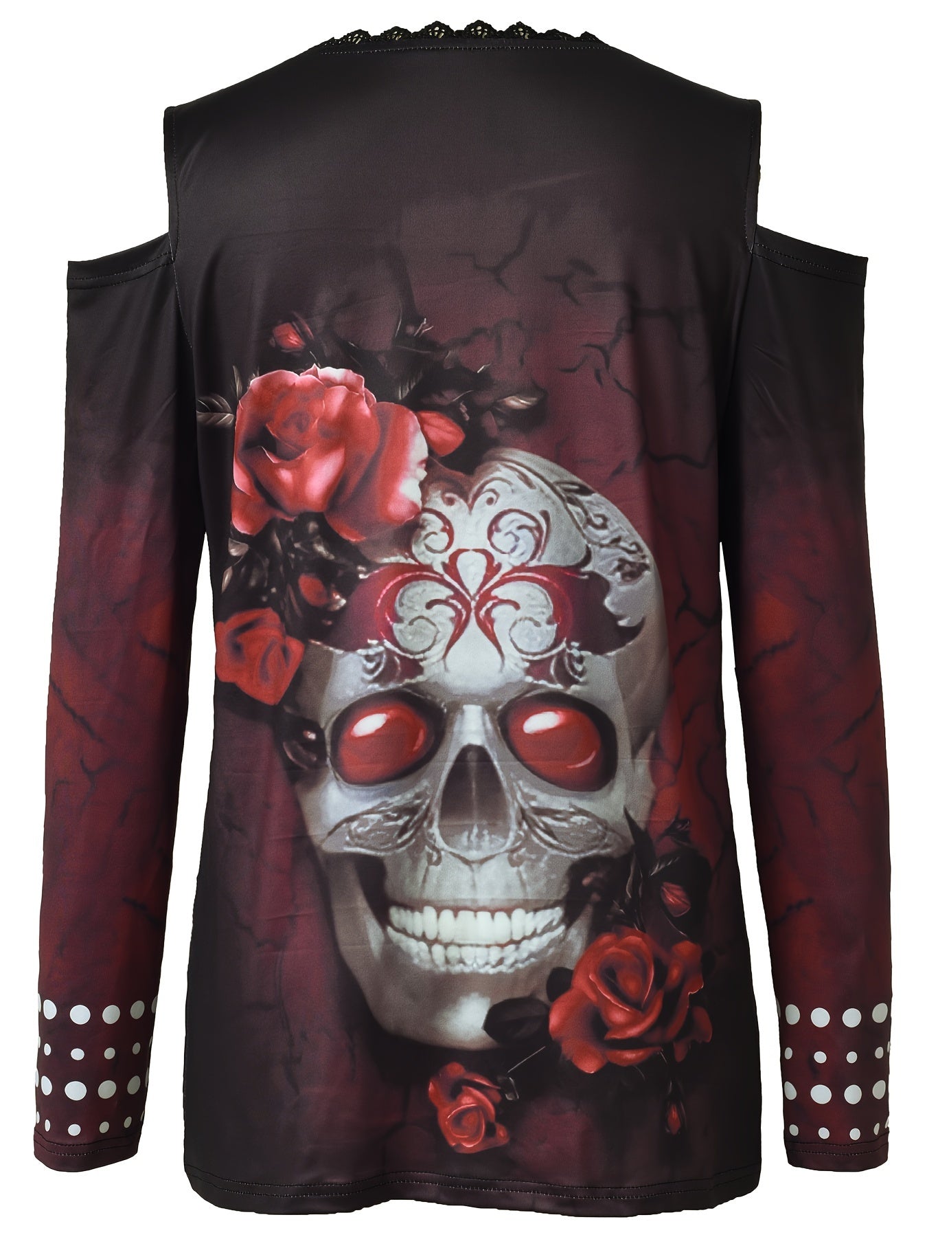 Vintage Skull Print Cold Shoulder T-Shirt – Women’s Long Sleeve Tee for Spring & Fall