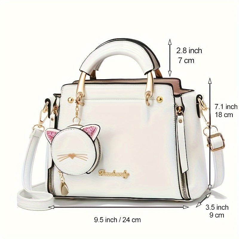 Top Handle Satchel Purses with Cute Kitten Pendant