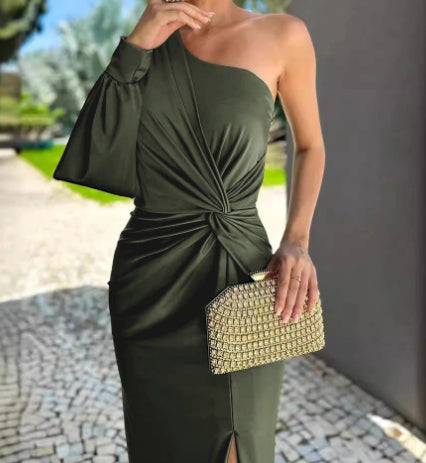 Women's Diagonal Shoulder Knot Split Solid Color Slim Fit Dress