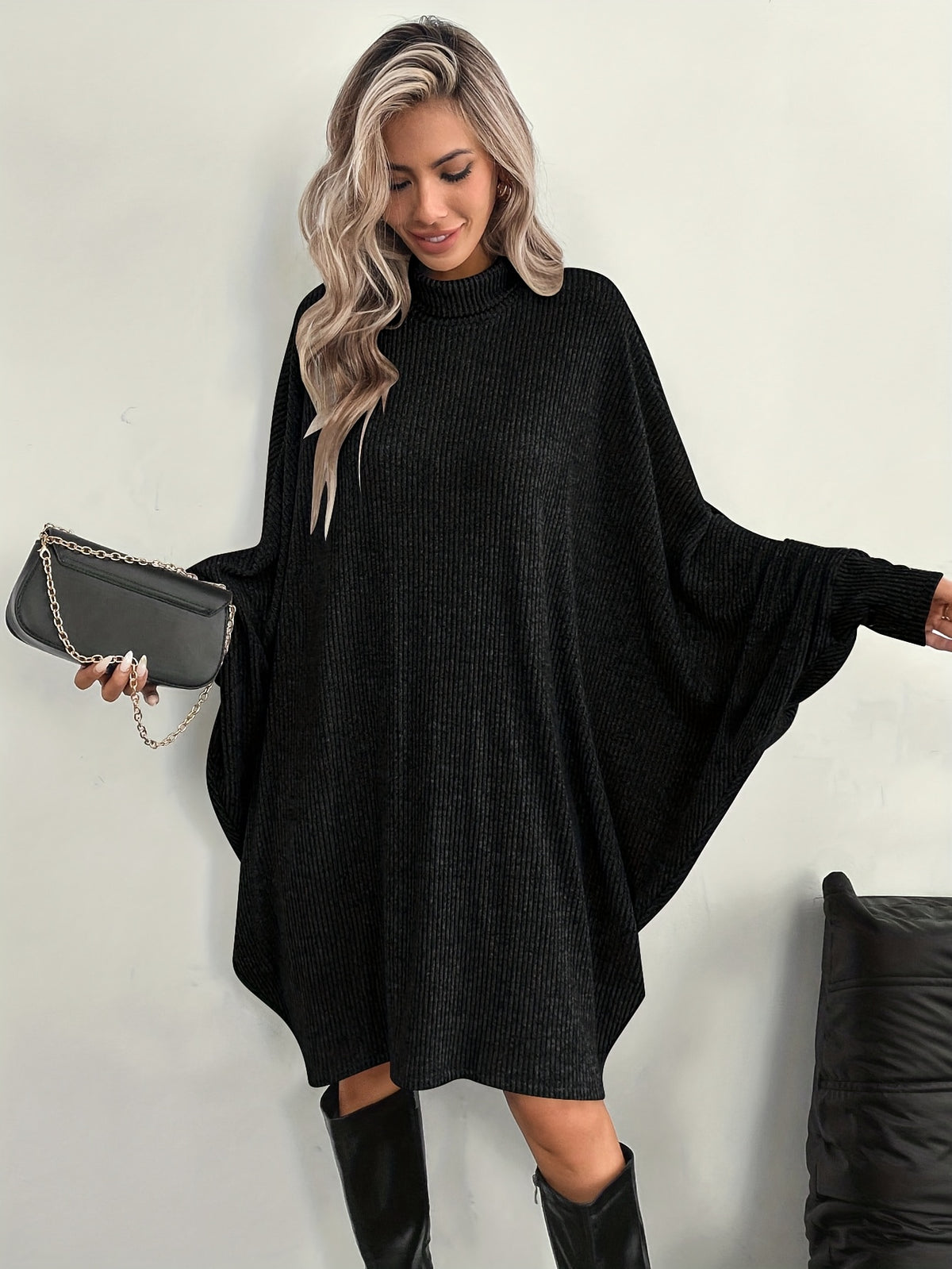 Women's Solid Color High Neck Batwing Sleeve Dress