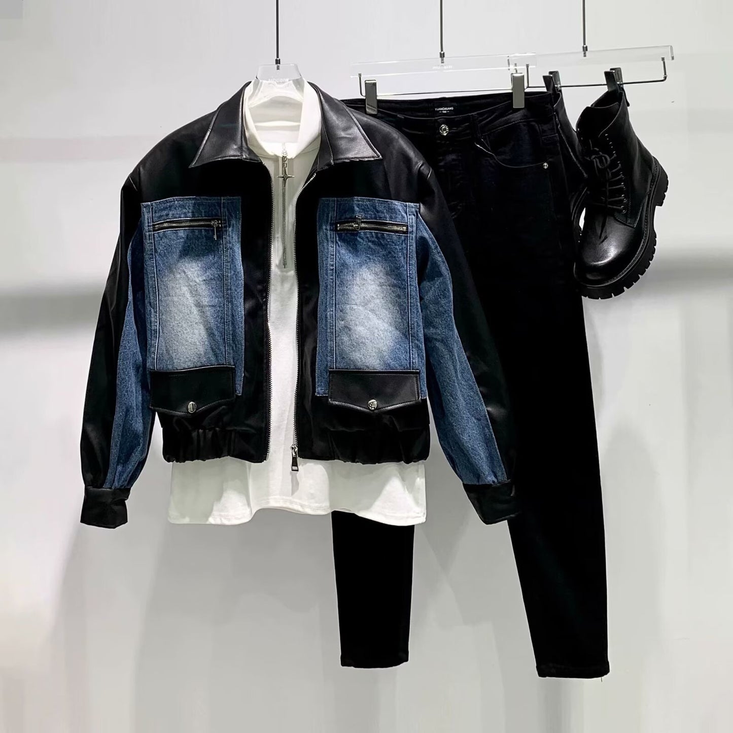 High-Quality PU Leather & Denim Panel Jacket