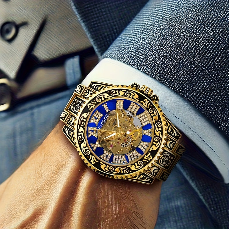 1pc Men's Red Steel Belt Retro Style Mechanical Watch – Luminous & Carved Design