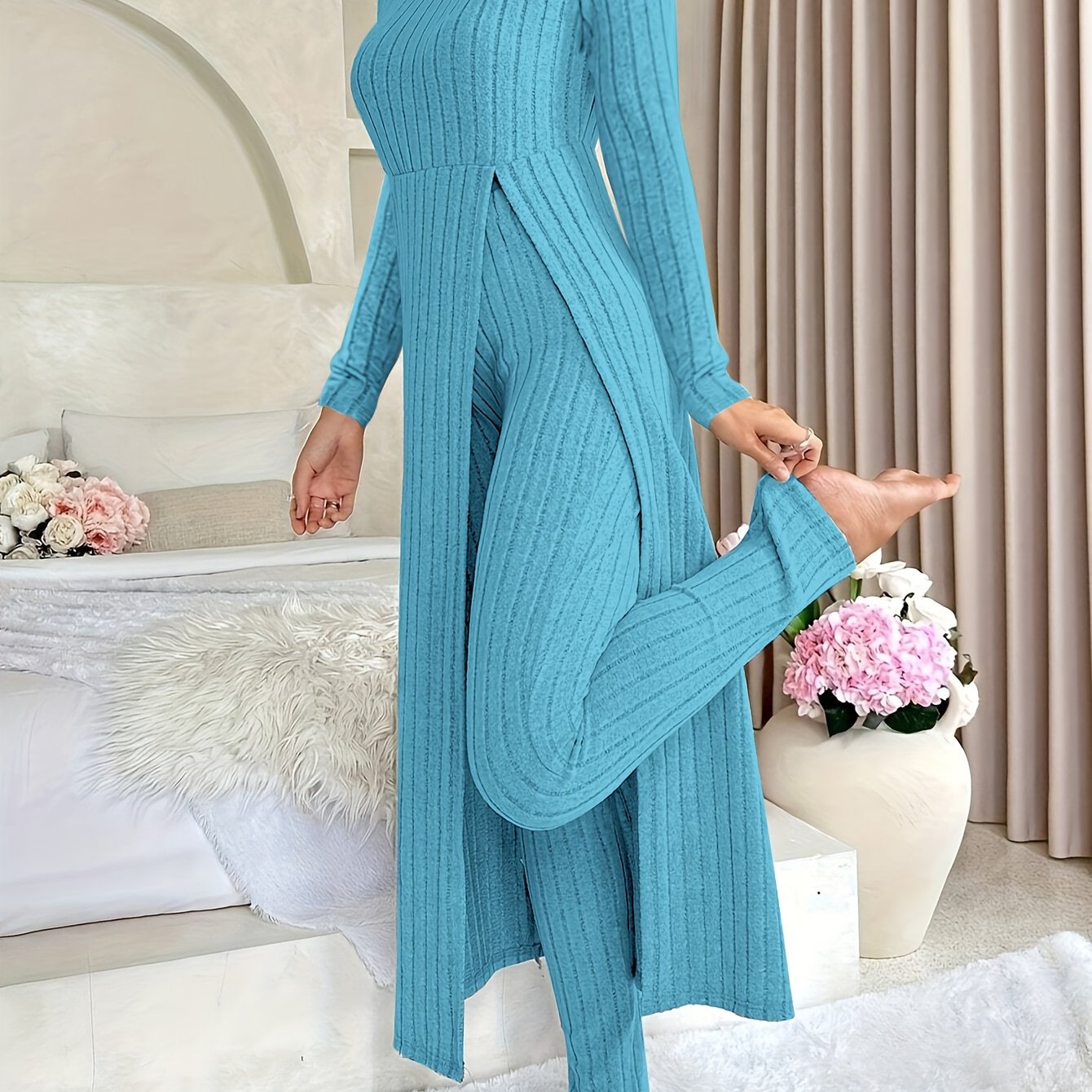 Two-piece Set of Long-sleeved Ribbed Top and Pants for Women