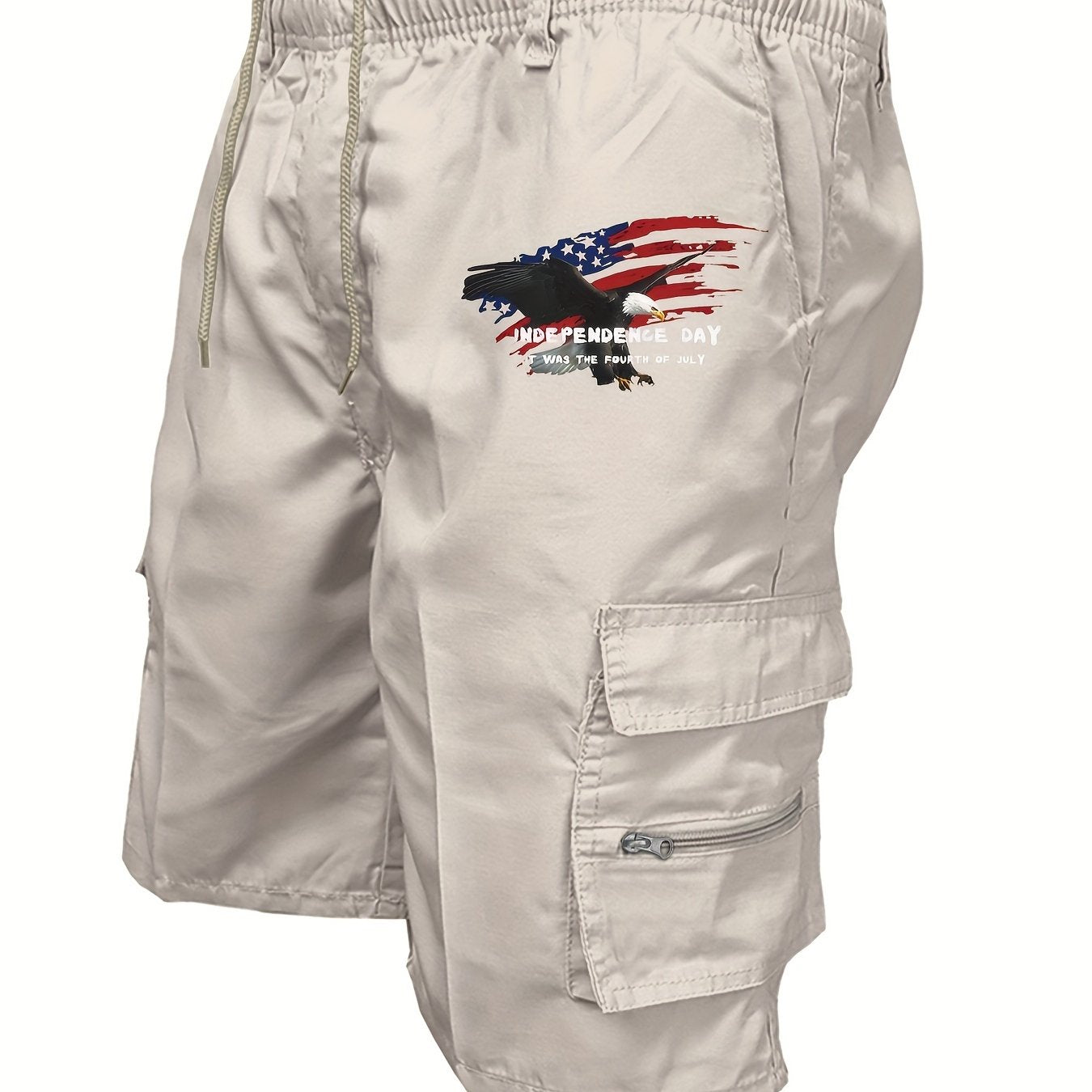 Eagle Print Loose Fit Elastic Cargo Shorts