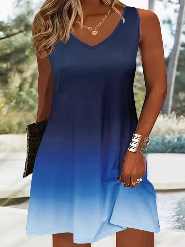 Printed Fashion Casual Sleeveless V-neck Gradient Color Strap Dress