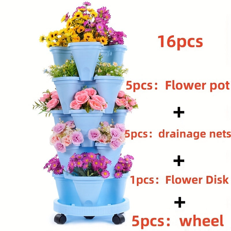 Hot Deal 5-Layer Stackable Vertical Garden Planter – 1 Set (16 Pcs) with Wheels & Tools