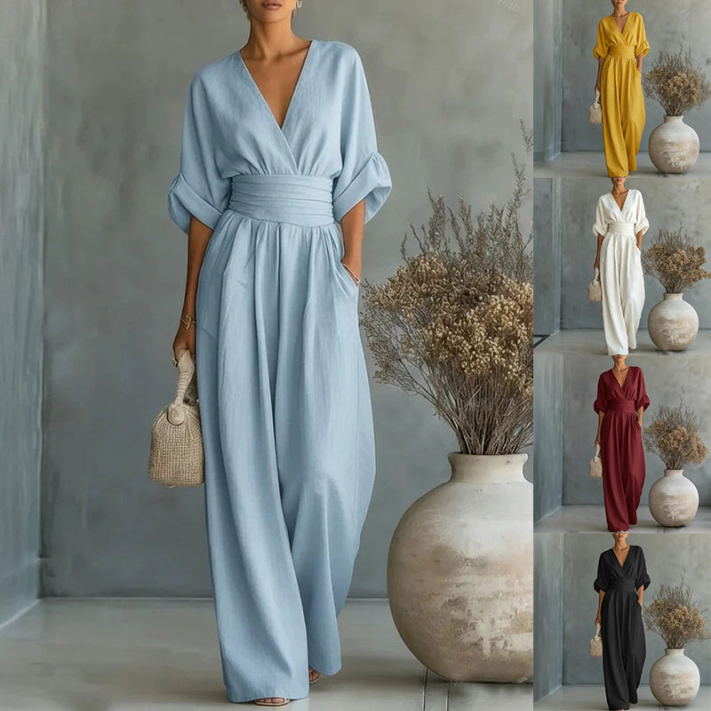 Summer Short-Sleeved Jumpsuit – Fashion Casual V-Neck Wide-Leg Pants for Women