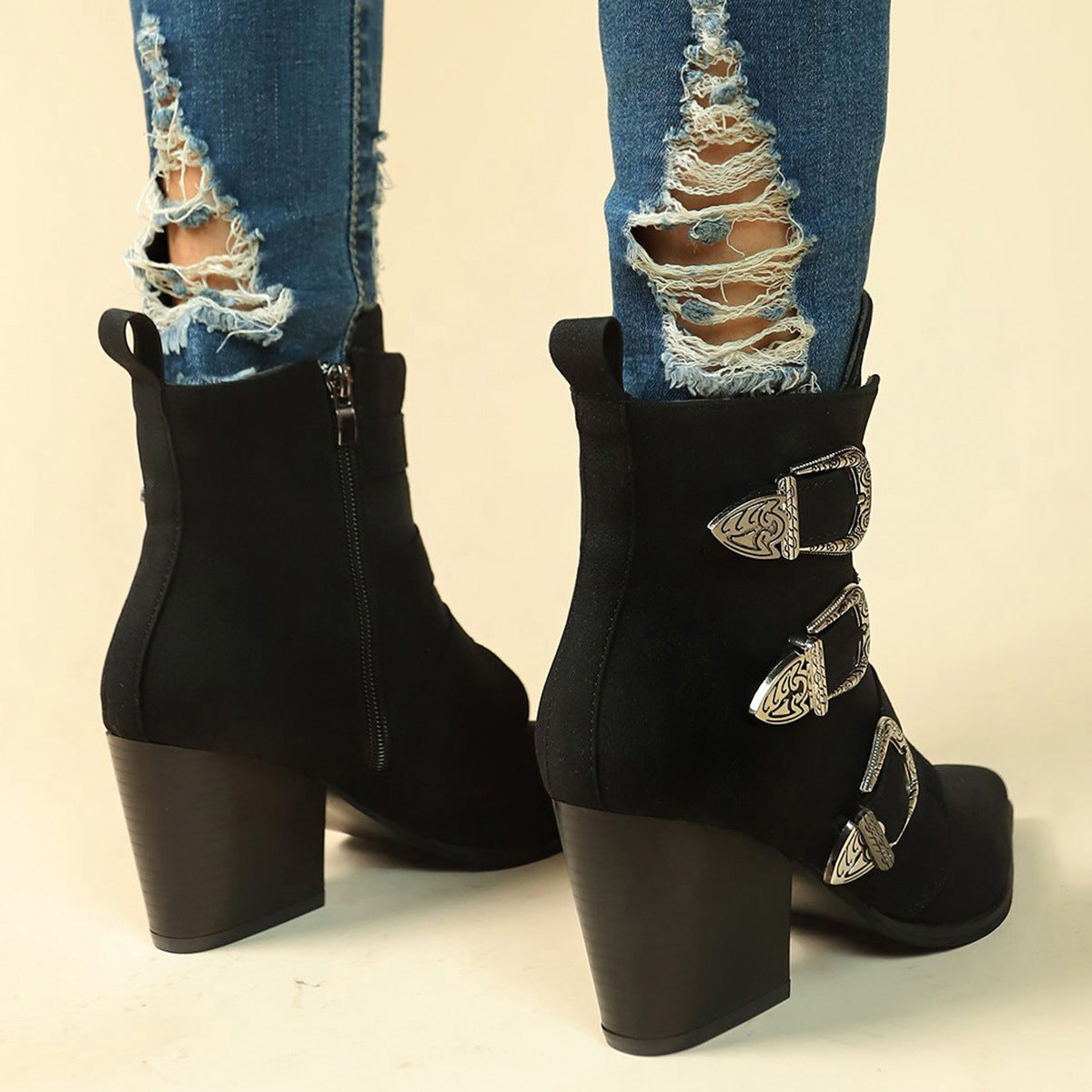Chunky Heel Pointed Toe Boots with Belt Buckle