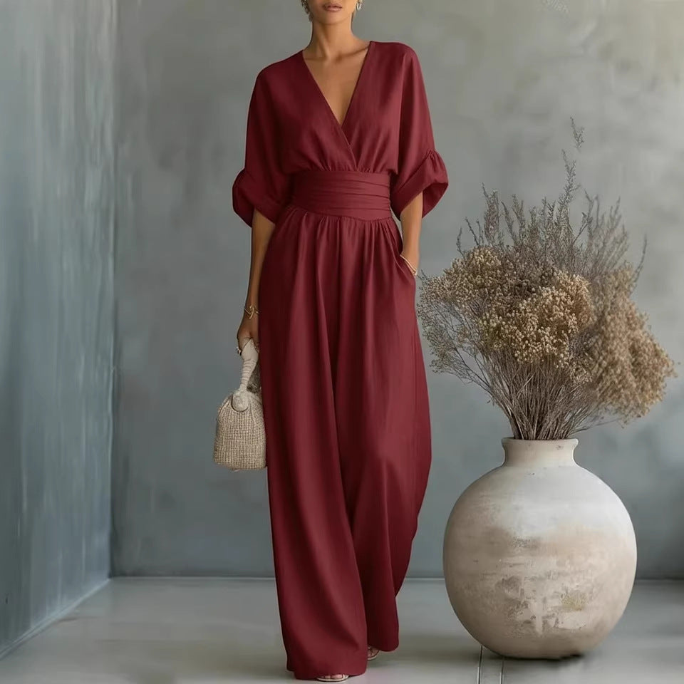 Summer Short-Sleeved Jumpsuit – Fashion Casual V-Neck Wide-Leg Pants for Women