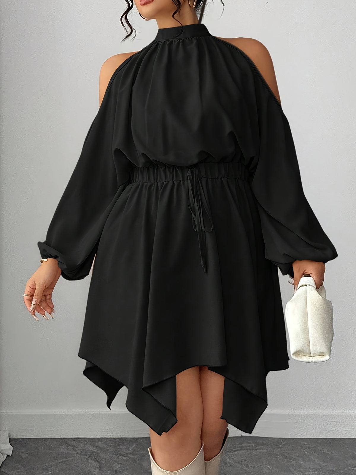 Plus Size Women’s Halter Neck Dress with Lantern Sleeves, High Collar, Cinched Waist & Asymmetrical Hem