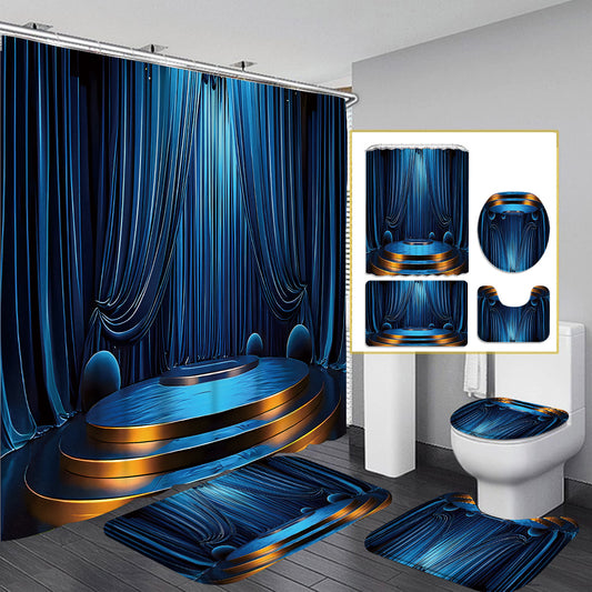 Set of 4 High-Quality 2D Blue Illusion Stage Pattern Shower Curtains with 12 Hooks