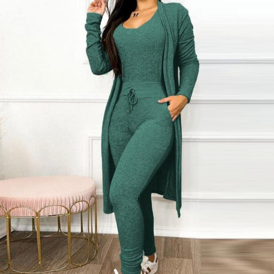 Women's Casual 2-Piece Set – High-Waist Jumpsuit with Drawstring Pockets & Matching Cardigan Cover
