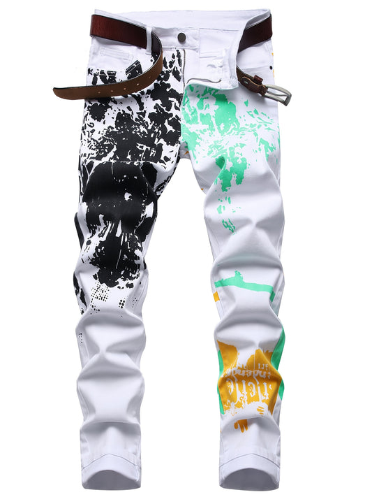 Men's Full-Body Printed White Denim Casual Pants