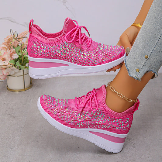 Rhinestone Wedge Sneakers – Fashion Lace-Up Casual Sports Shoes for Women