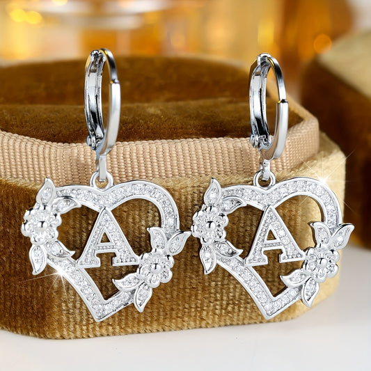 ANGOL Exquisite Alphabet Heart Earrings A–Z | Floral Ultra-Sparkling Synthetic Zirconia Pendant | Personalized Daily Jewelry Gift for Women