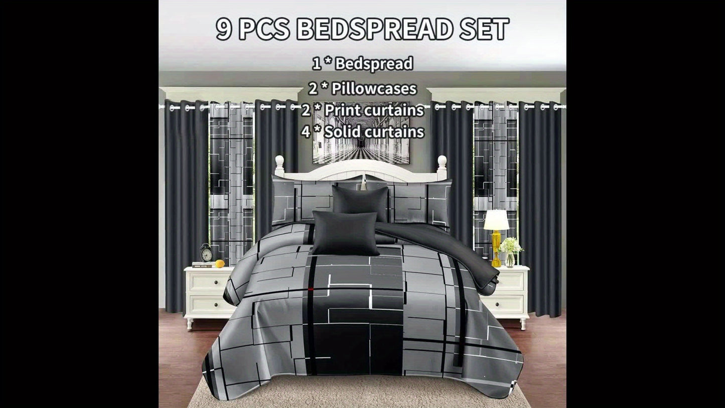 9-Piece Grey Bedding & Curtain Set – Includes Bed Cover, Pillowcases, Printed & Solid Curtains – Queen/King/Cal King Size