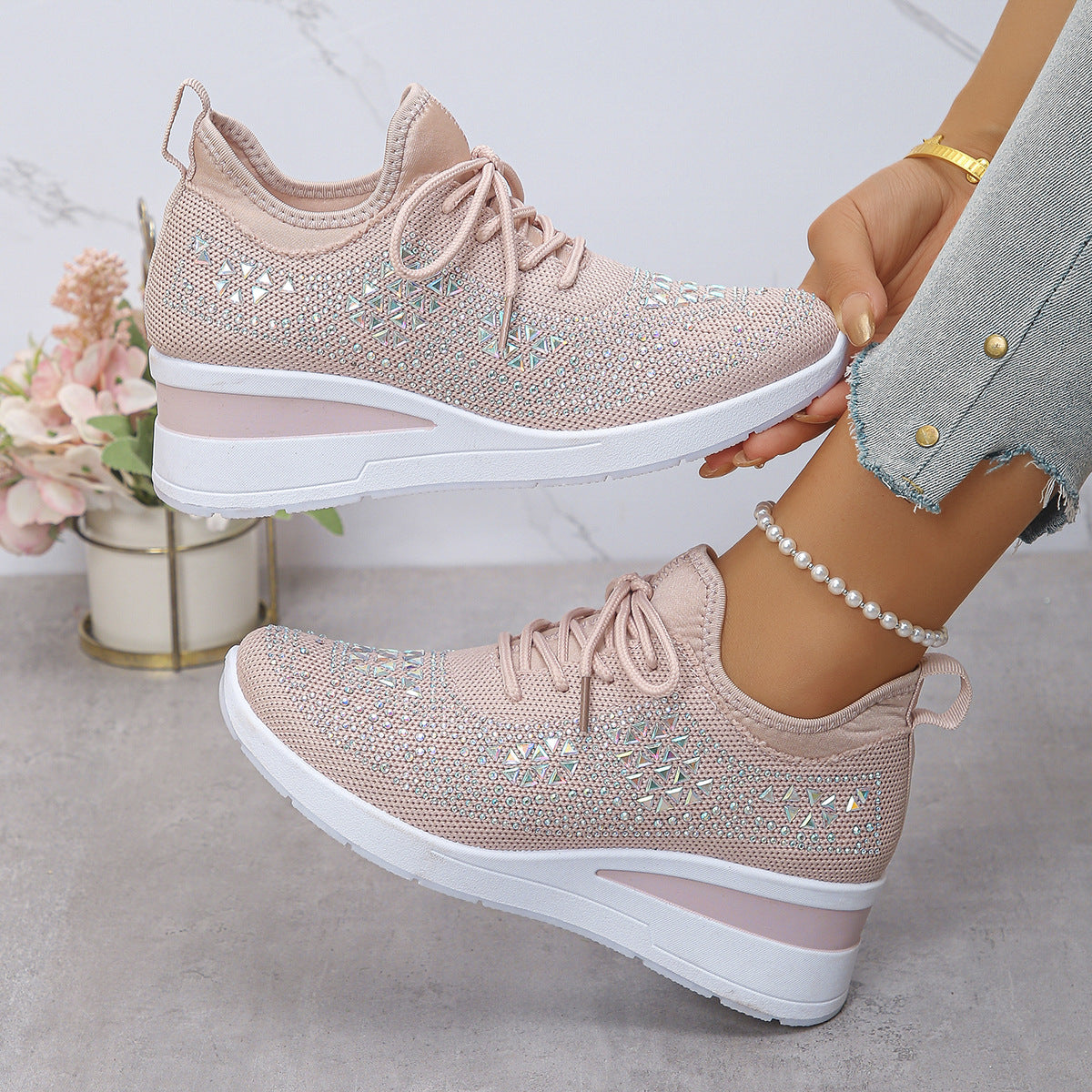 Rhinestone Wedge Sneakers – Fashion Lace-Up Casual Sports Shoes for Women