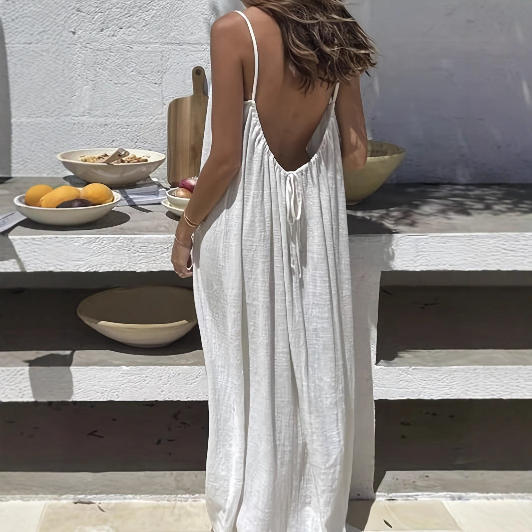 Loose Spaghetti Strap Dress -Ins Fashion U-Cut Backless Tie-Up Long Bohemian Beach Dress