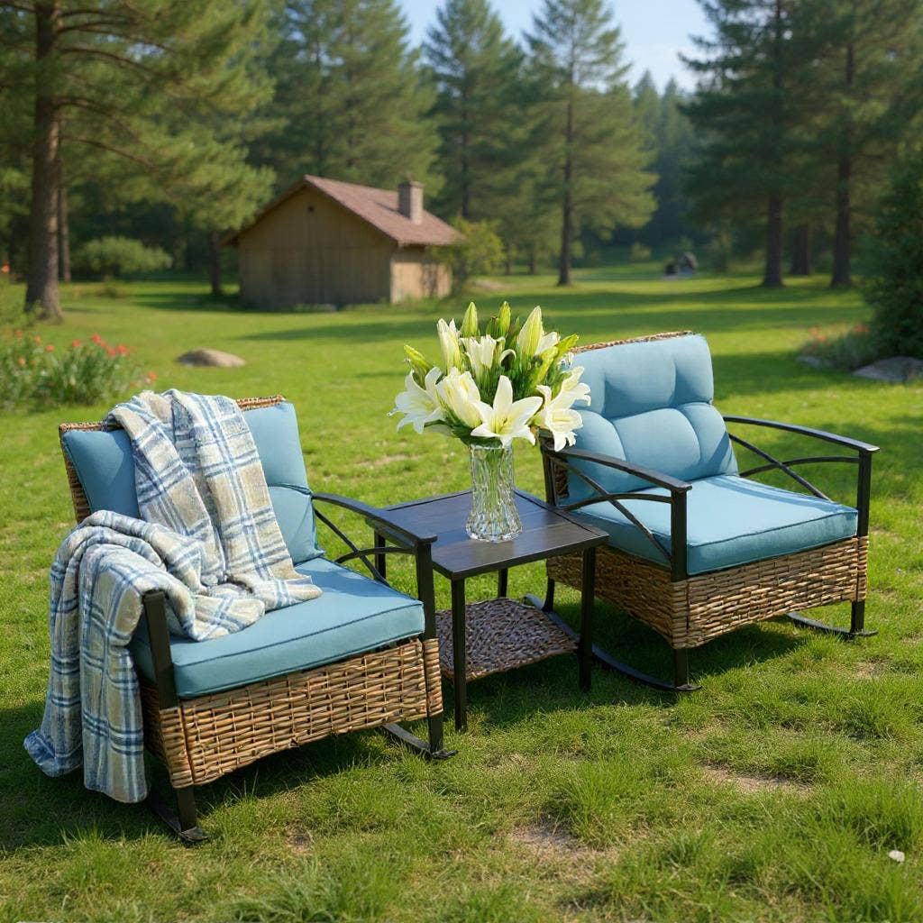 Rattan Rocking Chair Set Outdoor Grey with Steel Table